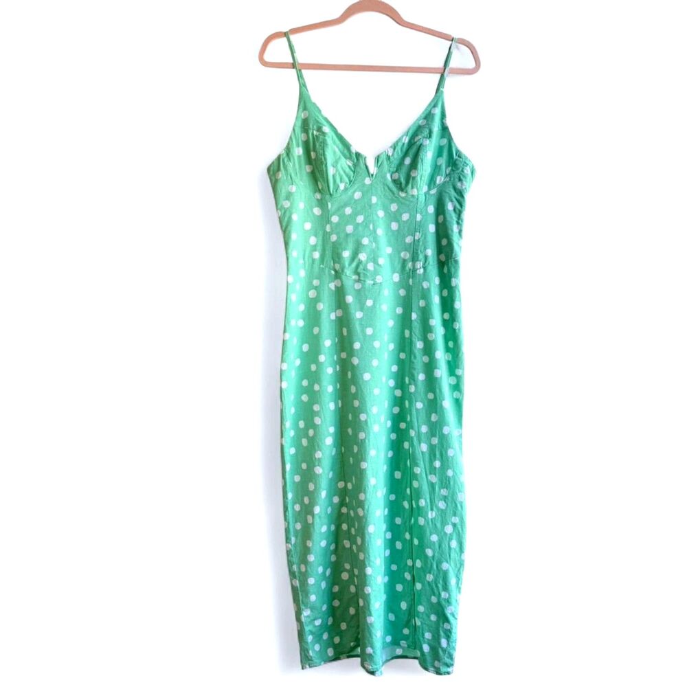 Urban Outfitters Dolce Vita Linen Blend Midi Dress in Green & White Polka Dots M